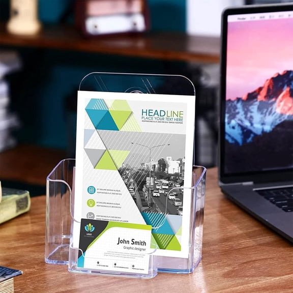 8 Set 6.5 Inch Wide Acrylic Brochure Holder with Business Card Pocket, Bifold Clear Brochure Display Stand Flyer Literature Magazine Pamphlet Booklet Holder for Desk or Wall Mount Display
