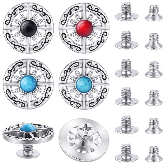 8 Set/Box 4 Colors Turquoise Alloy Rivets Vintage Conchos Western Decorative Buckles Style Hollow Round Sun Metal Screwback Buttons DIY