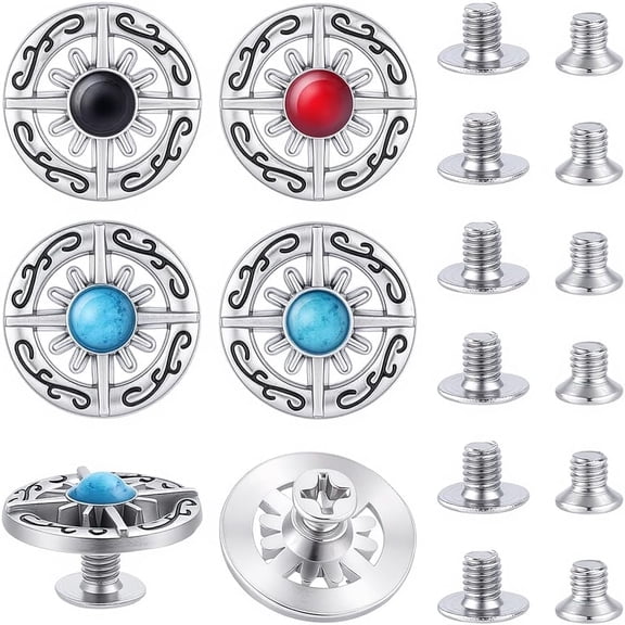 8 Set/Box 4 Colors Turquoise Alloy Rivets Vintage Conchos Western Decorative Buckles Style Hollow Round Sun Metal Screwback Buttons