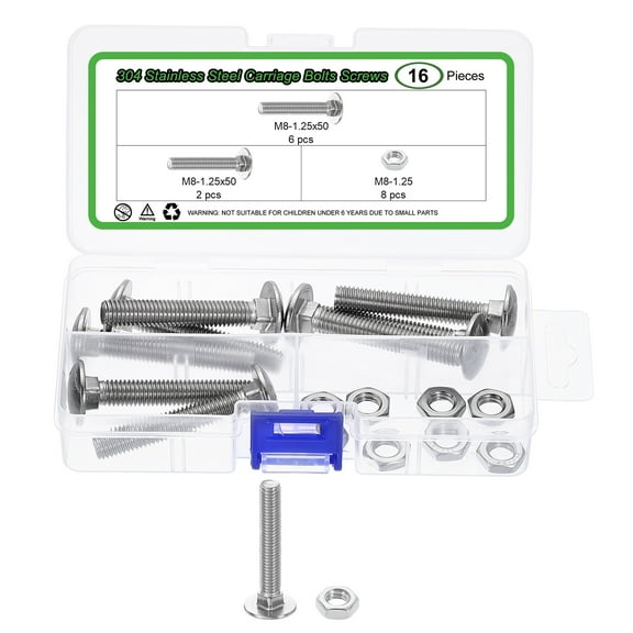 8 Set Carriage Bolts and Nuts Kit, M8-1.25x50 Stainless Steel 304 Round Head Square Neck Carriage Bolts Screws and Hex Nuts - Silver