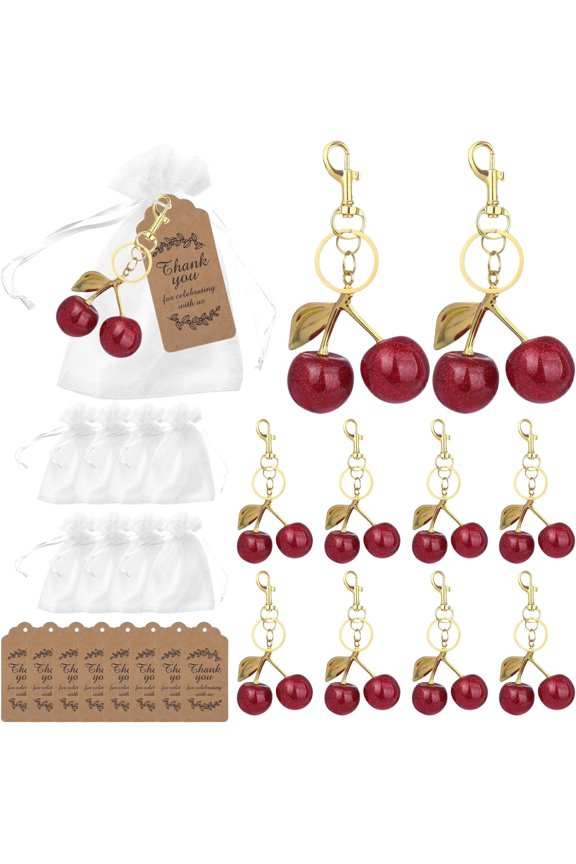 8 Set Cherry Keychains Party Favors, Cute Red Cherry Bag  with Thank You Tags Organza Bag Purse  Handbags Keyrings Baptism Wedding  Shower Gifts for Guests