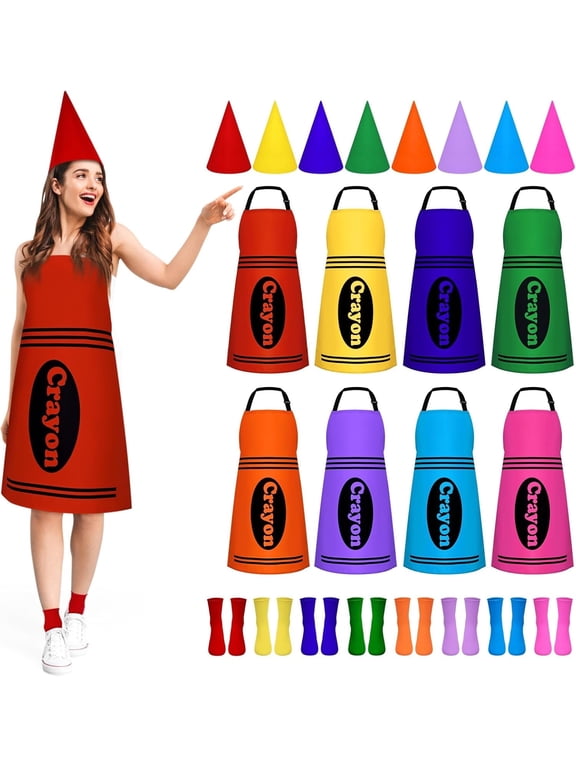 8 Set Color Crayon Apron and Funny Gnome Cone Hats for Costume Set for Adults Fancy Dress Outfit Halloween Cosplay