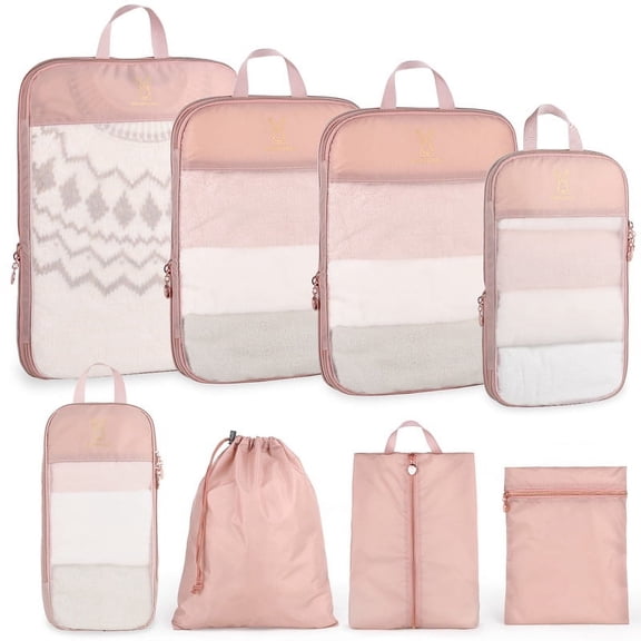 8 Set Expandable Compression Packing Cubes for Travel, See Through Mesh Travel Packing Cubes for Suitcases, Lightweight Compression Suitcases Organizers Bag Set for Travel Essentials for Luggage