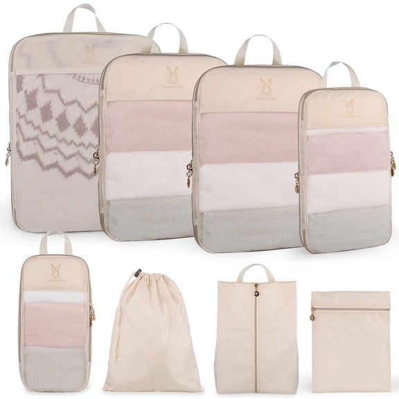 8 Set Expandable Compression Packing Cubes for Travel, See Through Mesh Travel Packing Cubes for Suitcases, Lightweight Compression Suitcases Organizers Bag Set for Travel Essentials for Luggage