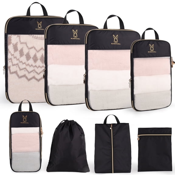 8 Set Expandable Compression Packing Cubes for Travel, See Through Mesh Travel Packing Cubes for Suitcases, Lightweight Compression Suitcases Organizers Bag Set for Travel Essentials for Luggage