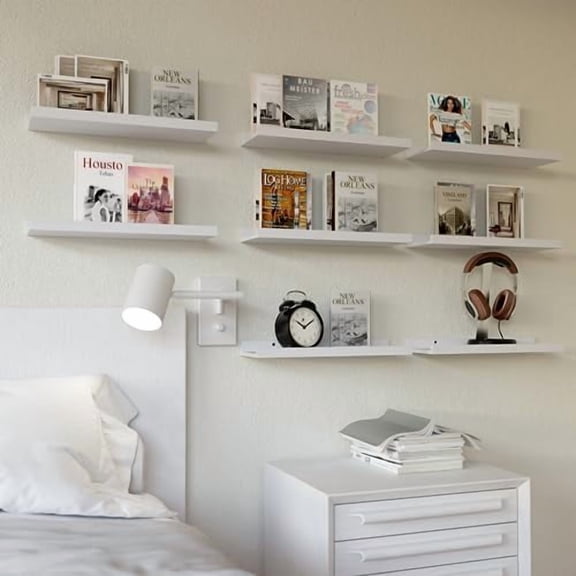 8 Set Floating Wall Mounted Shelves, Nursery Hanging Book Shelves with Lip for Storage, White Display Picture Ledge Shelf for Bedroom Bathroom Kitchen Living Room Wall Decor, Modern White