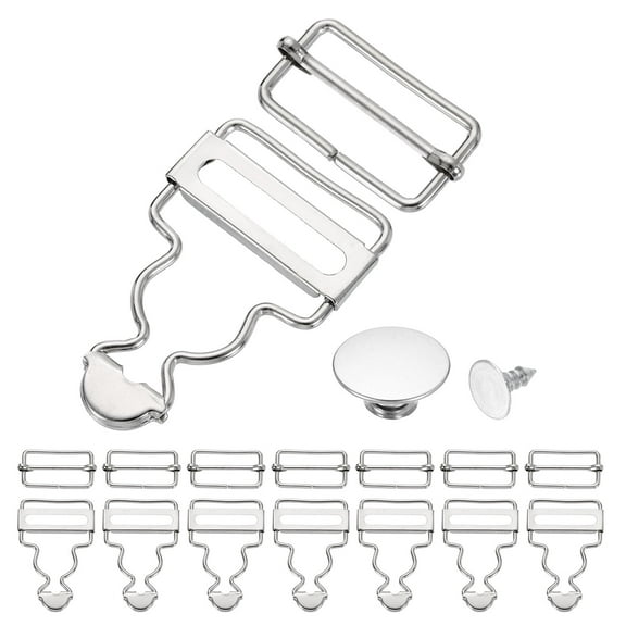 Uxcell 8 Set Metal Overalls Buckles, 1-1/8" Overall Suspender Clips, Adjustable Buckle Replacement with Sliders and Buttons for Bib Trousers Jeans Suspender, Silver