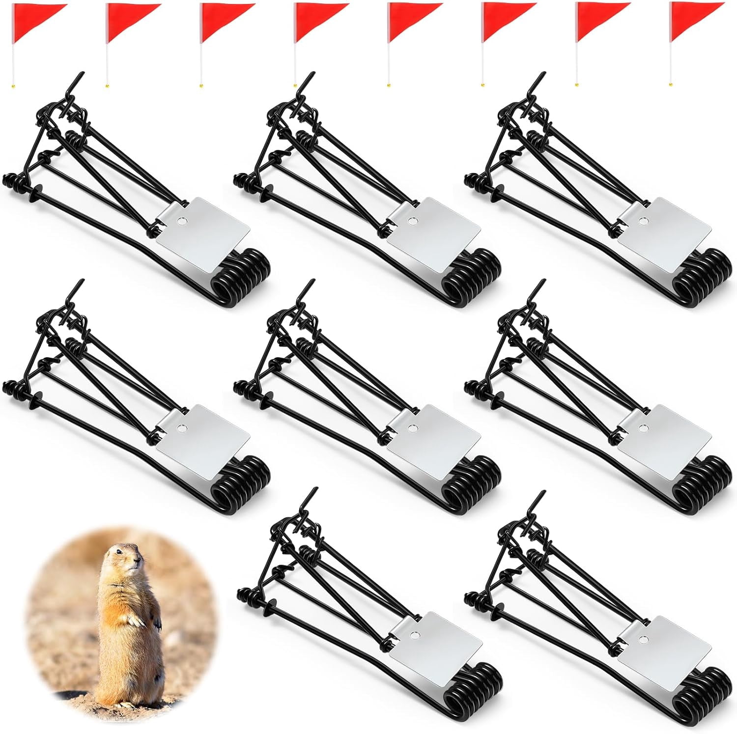 8 Set Outdoor Gopher Traps Bulk - Reusable Galvanized Trap with Red Stick Flags Weather Resistant Mole Vole Killer for Farm Lawn Yard Garden (Black)