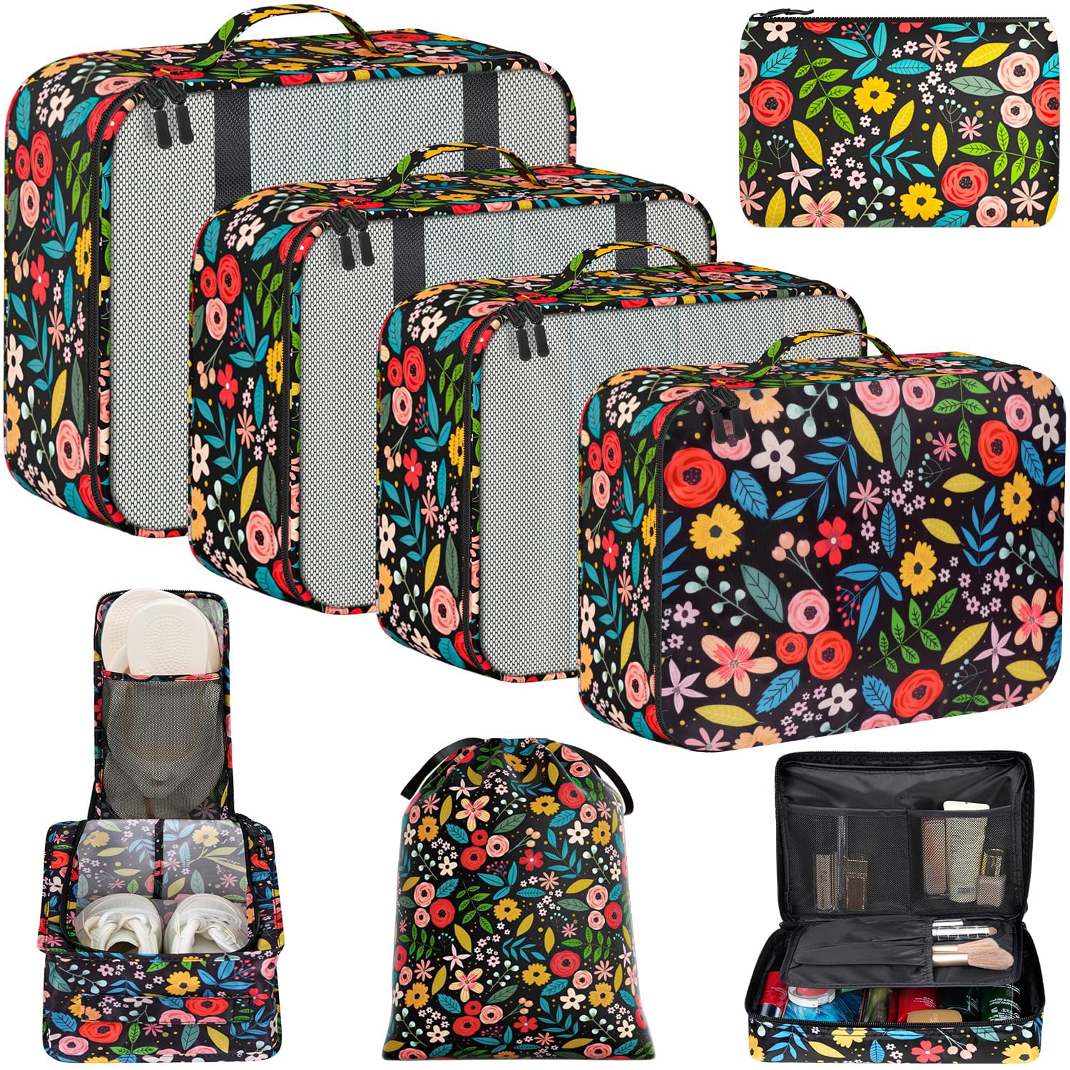 8 Set Packing Cubes Luggage Organizers For Travel Accessories-black Floral