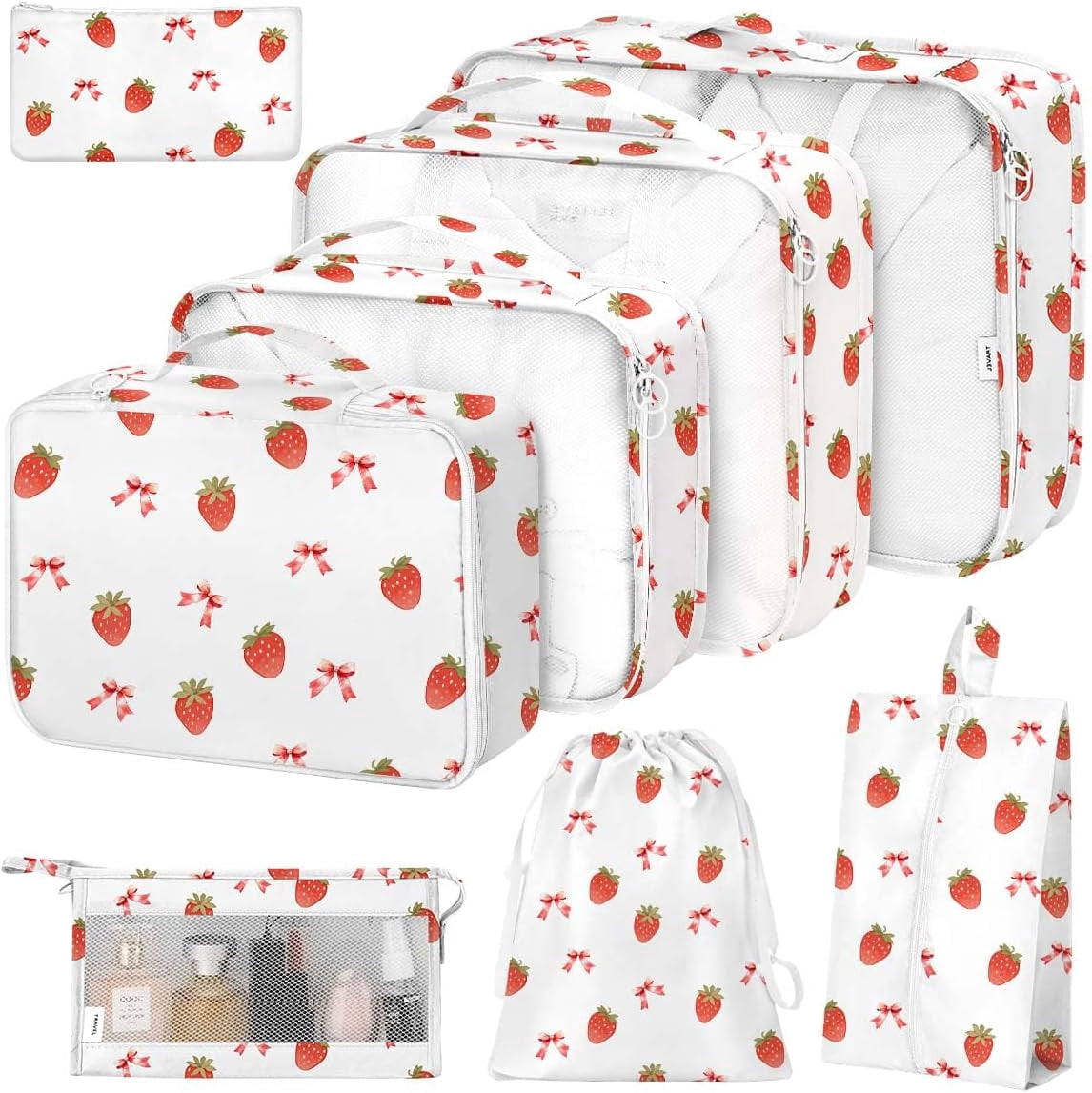 8 Set Packing Cubes for Suitcases,Packing Cube with Shoe, Cosmetics, Clothing, and Accessories Bags Packing Cubes for Travel Luggage Organizer Women Men(Strawberry Bows)