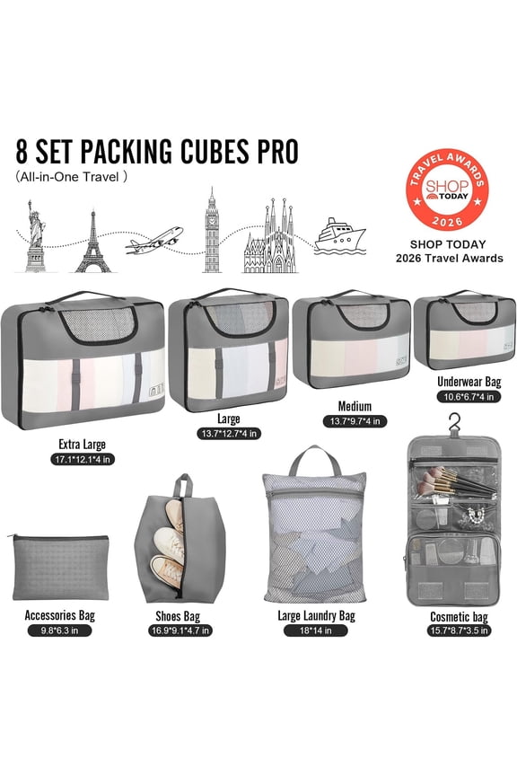 8 Set Packing Cubes for Travel Essentials, Suitcase Organizer Bags in 4 Sizes, Carry-On Luggage Accessories with Large Laundry & Hanging Toiletry Bag, Must-Have for Airplane, Road Trip & Camping