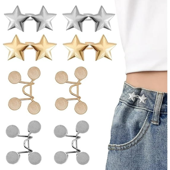 8 Set Pant Waist Tightener Star Buttons Pins for Loose Jeans Reusable Waist Cincher Clip Metal Star Tightener for Clothing Dresses Skirts No Sewing Decoration Accessories(Silver+Black)