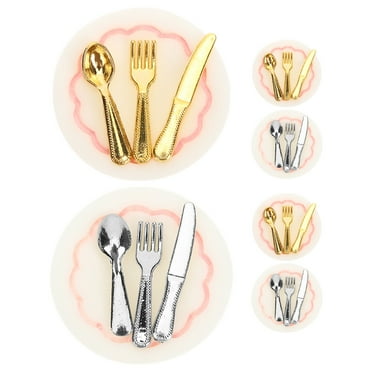 8 Set of Miniature Doll House Accessories Mini Plate Fork Spoon Cutter Kitchen Scene Decor