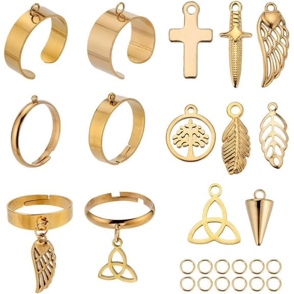 8 Sets 36PCS Stainless Steel Ring Settings Gold DIY Adjustable Rings Metal Tree of Life Trinity Knot Charms Finger Rings Components