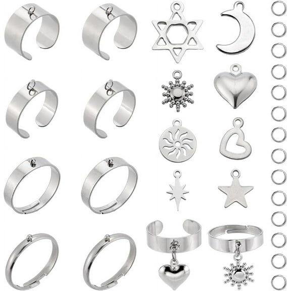 8 Sets 36PCS Stainless Steel Ring Settings Moon and Star Rings Set Silver Punk Metal Heart Finger Charm Adjustable Ring Components for DIY Jewelry Making Kit Women Adult DIY Craft Supplies