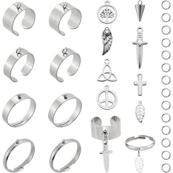 8 Sets 36PCS Stainless Steel Rings with Charms Dangle Rings Silver Tree ...