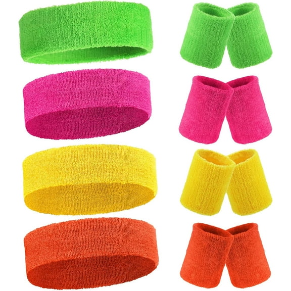 8 Sets 80s 90s Neon Sweatbands Wrist Sweat Bands Workout Cotton Headbands Terry Cloth Absorbent Nonslip Stretchy Head Wrist Wicking Wristband for Men Women Party