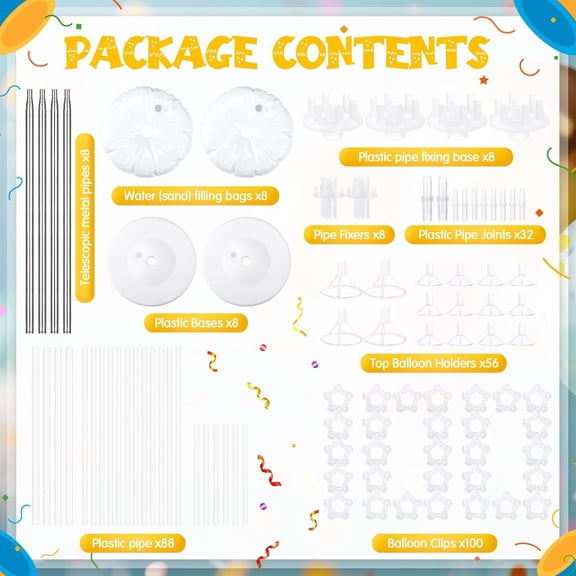 8 Sets 9.1ft Balloon Column Stand Kit for Floor Adjustable Balloon Pillars Arch Tower with Weight Base and 50 Rings Metal Backdrop Stands for Baby Shower Party