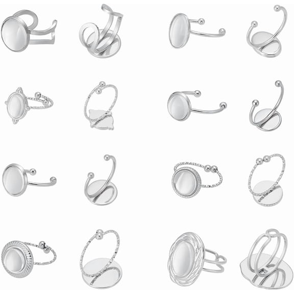 8 Sets Blanks Finger Rings Making Kit 304 Stainless Steel Open Cuff Ring Bezel Tray with Transparent Glass Cabochons Blank Dome Base Tray Finger Ring Bezels Bases Sets for DIY Jewelry Making gray