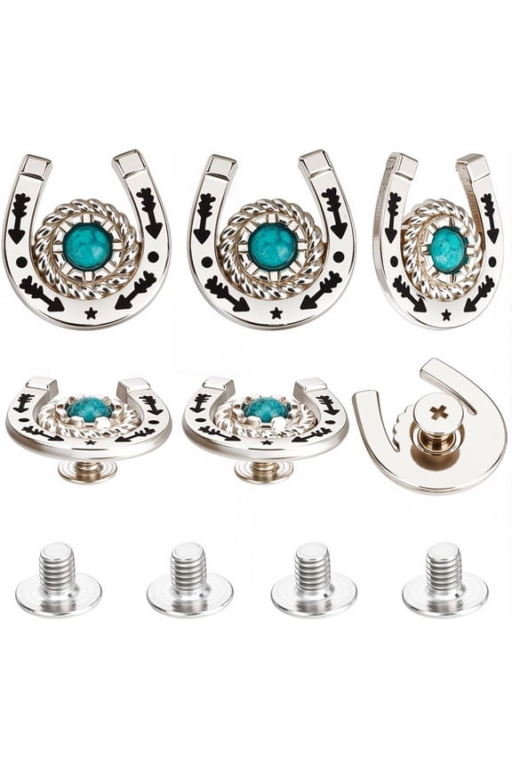 8 Sets/Box Horseshoe Screw Back Buttons Conchos Green Western Cowboy Style Decorative Leather Buckles 19mm Turquoise Gemstone Metal Vintage Retro Castings Rivets Studs for DIY Making