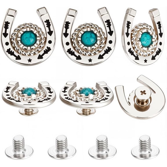 8 Sets/Box Horseshoe Screw Back Buttons Conchos Green Western Cowboy Style Decorative Leather Buckles 19mm Turquoise Gemstone Metal Vintage Retro Castings Rivets Studs for DIY DIY Craft Fabrics