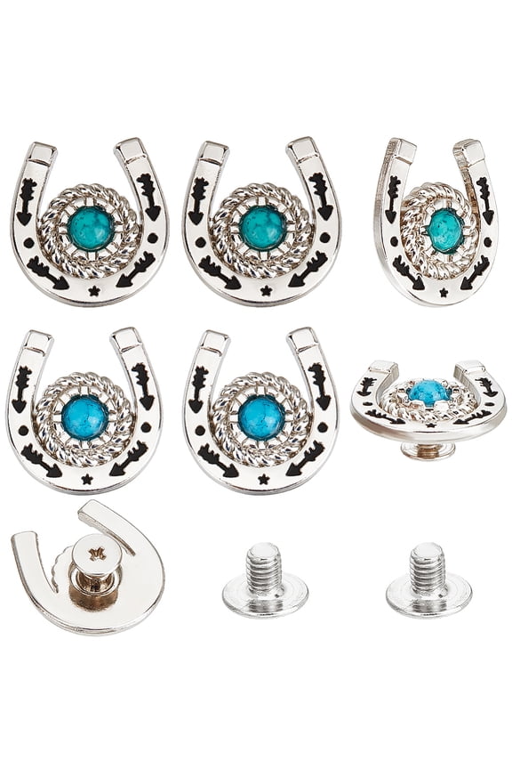 8 Sets/Box Horseshoe Screw Back Buttons Western Cowboy Style Decorative Leather Buckles 19mm Turquoise Gemstone Conchos Metal Vintage Retro Castings Rivets Studs