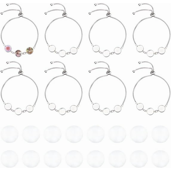 8 Sets Bracelet Bezel Settings DIY Blank Bracelet Making Kit 12mm Stainless Steel Adjustable Slider Bracelets Tray Bracelet Blanks with Glass Cabochons for DIY Jewelry Making