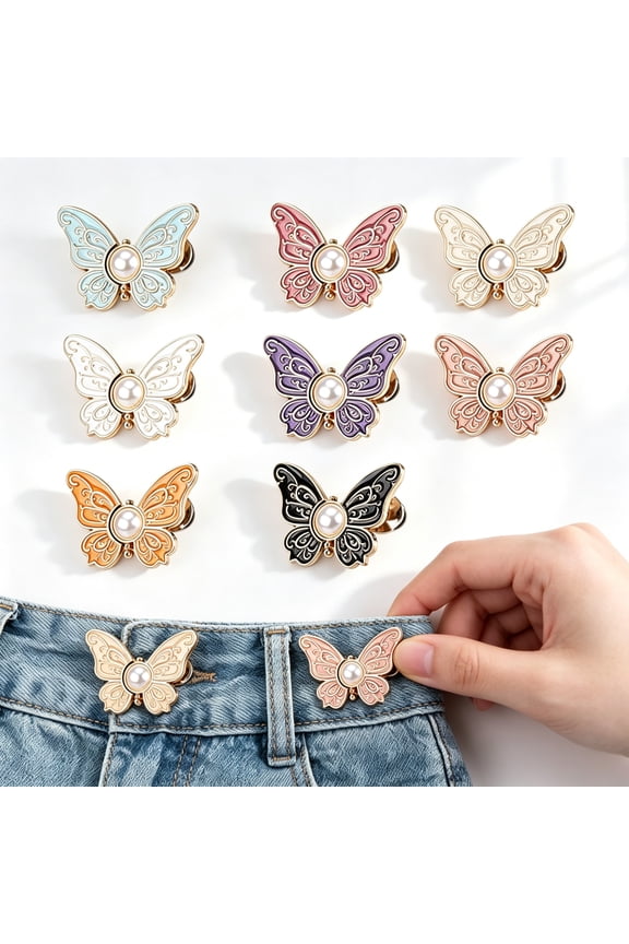 8 Sets Butterfly Waist Tightener with Detachable Butterfly Clips – No-Sew Adjustable Jean Buttons for Loose Jeans, Decorative Waist Buckles