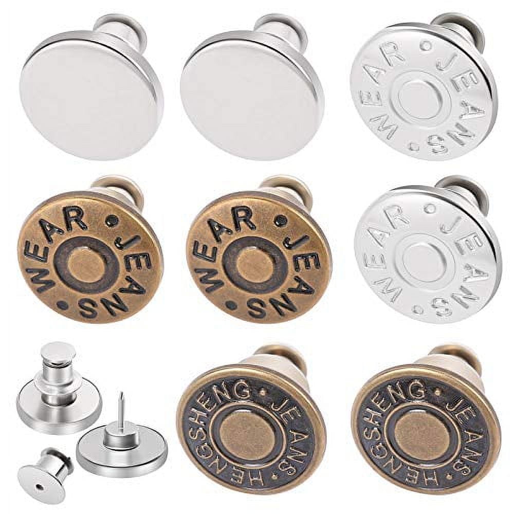 WHOLLY LIST Buttons for Jeans 10 Pcs Removable Metal Button Pins for Jeans,  Jean Button Replacement, No Sew Instant Adjustable Button can Reduce or