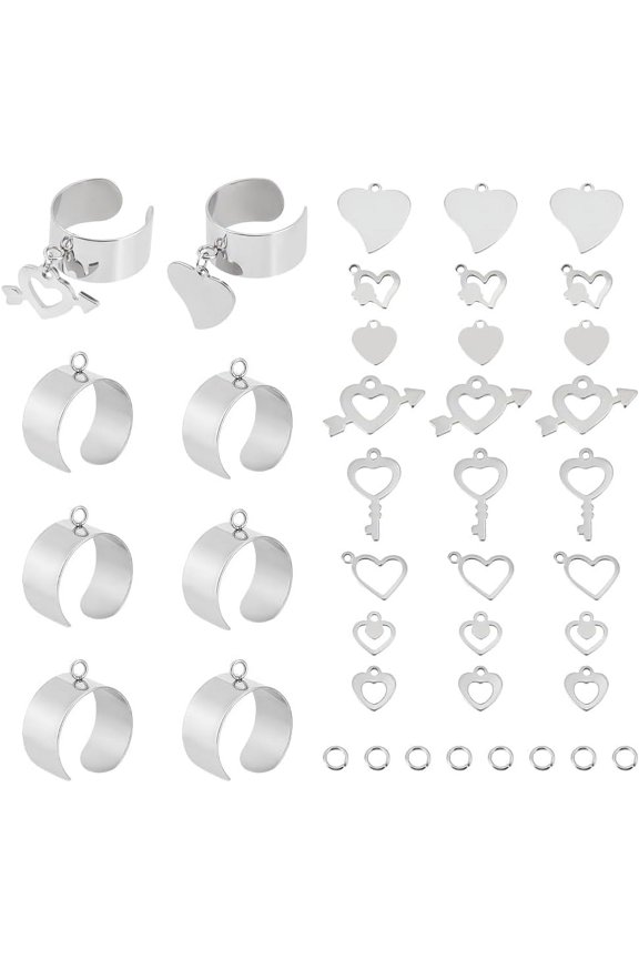 8 Sets Charm Rings Stainless Steel Ring Adjustable Rings with Heart Pendants Women's Ring Heart Key Charms Hollow Heart Open Cuff Finger Ring Components
