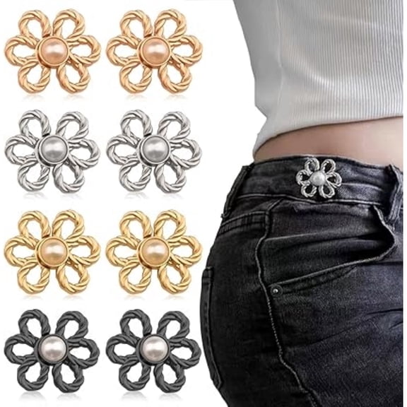 8 Sets Flower Pant Waist Tightener,Adjustable No Sew Waist Buckle Clips, Detachable Decorative Pins for Loose Jeans, Pants, Skirts, Sleeves