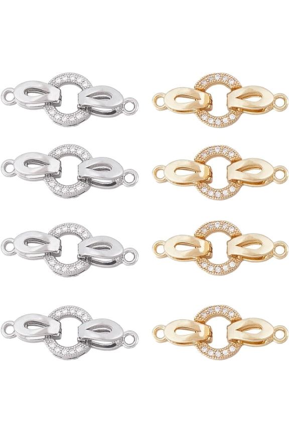 8 Sets Fold Over Clasps Brass Cubic Zirconia Extender Clasp Closure End Caps Bracelet Extension Round Connector Clasps Rhinestone Necklace Extender
