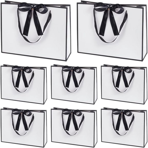 8 Sets Gift Bag with Ribbon 8.27x11.02x3.19 Inch Rectangle Paper Gift Bags with Handle Luxury Paper Party Bag Packaging Bags For Wedding Birthday Christams White White