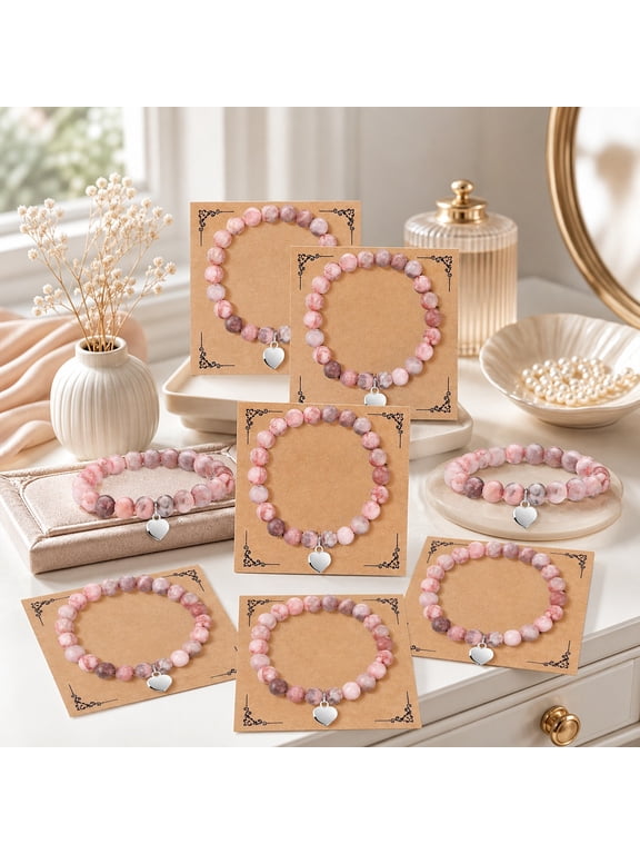 8 Sets Heart Beaded Bracelets Gift Bulk, Resin Pink Stone Bangle with Cards, Stretch Bracelets for Women, Cute Bead Jewelry for Mothers Day Valentine Day Birthday Gifts