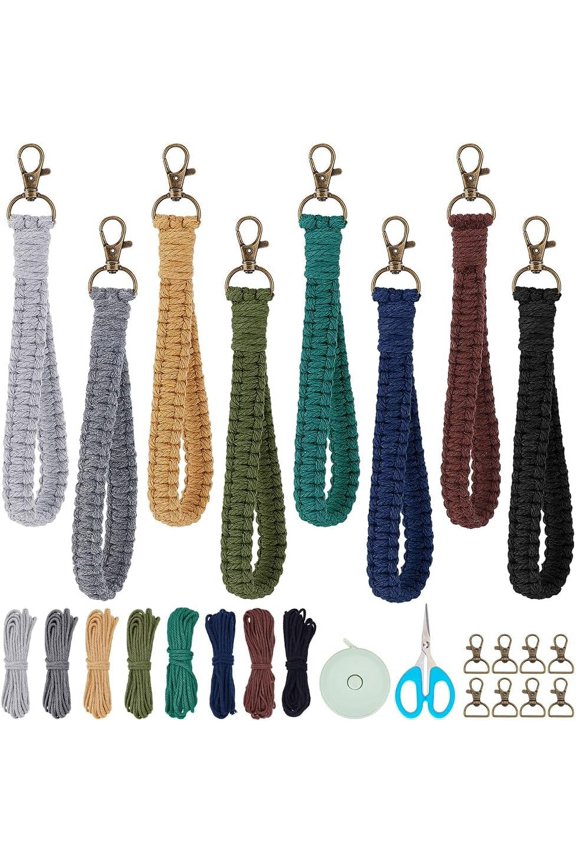 8 Sets Macrame DIY Wristlet Keychain Kits with Update Instruction Macrame Cord Knotting Kits for Adults Beginners Boho Macrame Keychain Kit Includes Key Rings for Key Gift Macrame Beginners