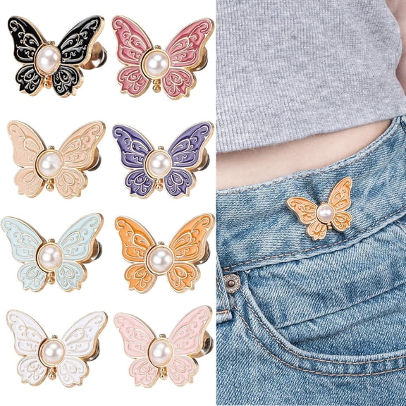8 Sets Pant Waist Tightener, Detachable Butterfly Clips Jean Buttons for Loose Jeans, Adjustable Waist Buckle Sets No Sew and No Tools Decorative Jean Buttons Pins