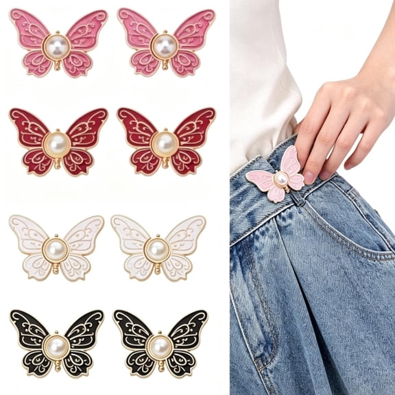 8 Sets Pant Waist Tightener Topboutique Butterfly Jean Buttons Pins Adjustable Buttons Pins for Loose Jeans Reusable Waist Tightener Metal Butterfly Brooch for Clothing Dresses Skirts, 4 Colors