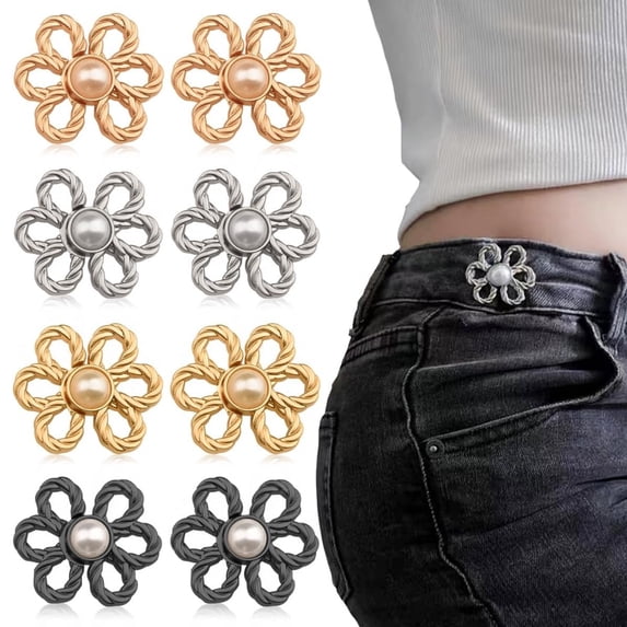 8 Sets Pant Waist Tightener Topboutique Flower Jeans Button Pins Adjustable Waist Buckle No Sew Pants Clips Decorative Waist Buckles for Loose Jeans, Pants, Skirts, Sleeves, 4 Colors
