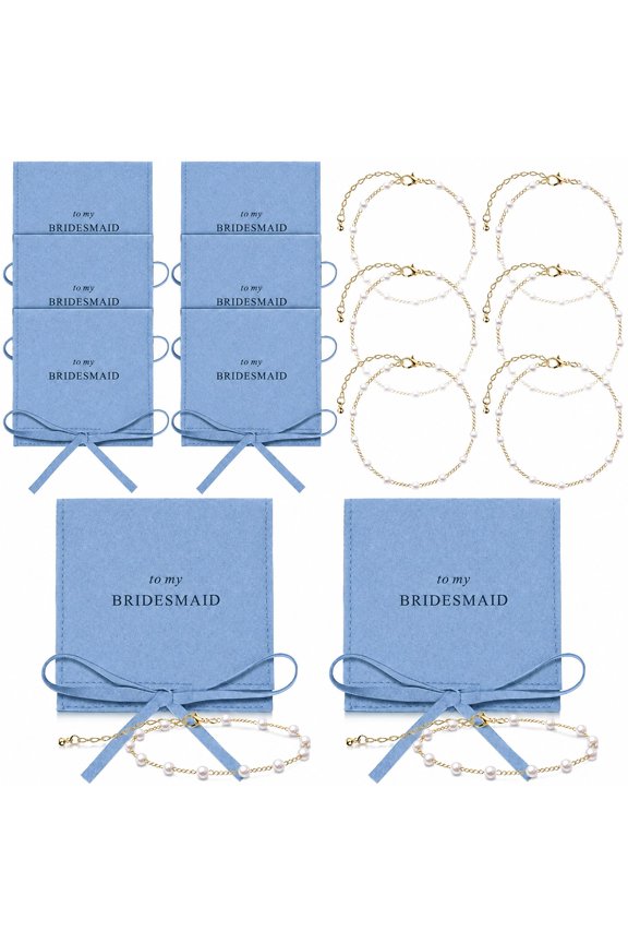 8 Sets Pearl Bracelets with Jewelry Pouches, Stainless Steel Gold Plated Dainty Chain for Women, Microfiber Suede Gift Bags for Bridesmaid Party Favors Wedding Gifts