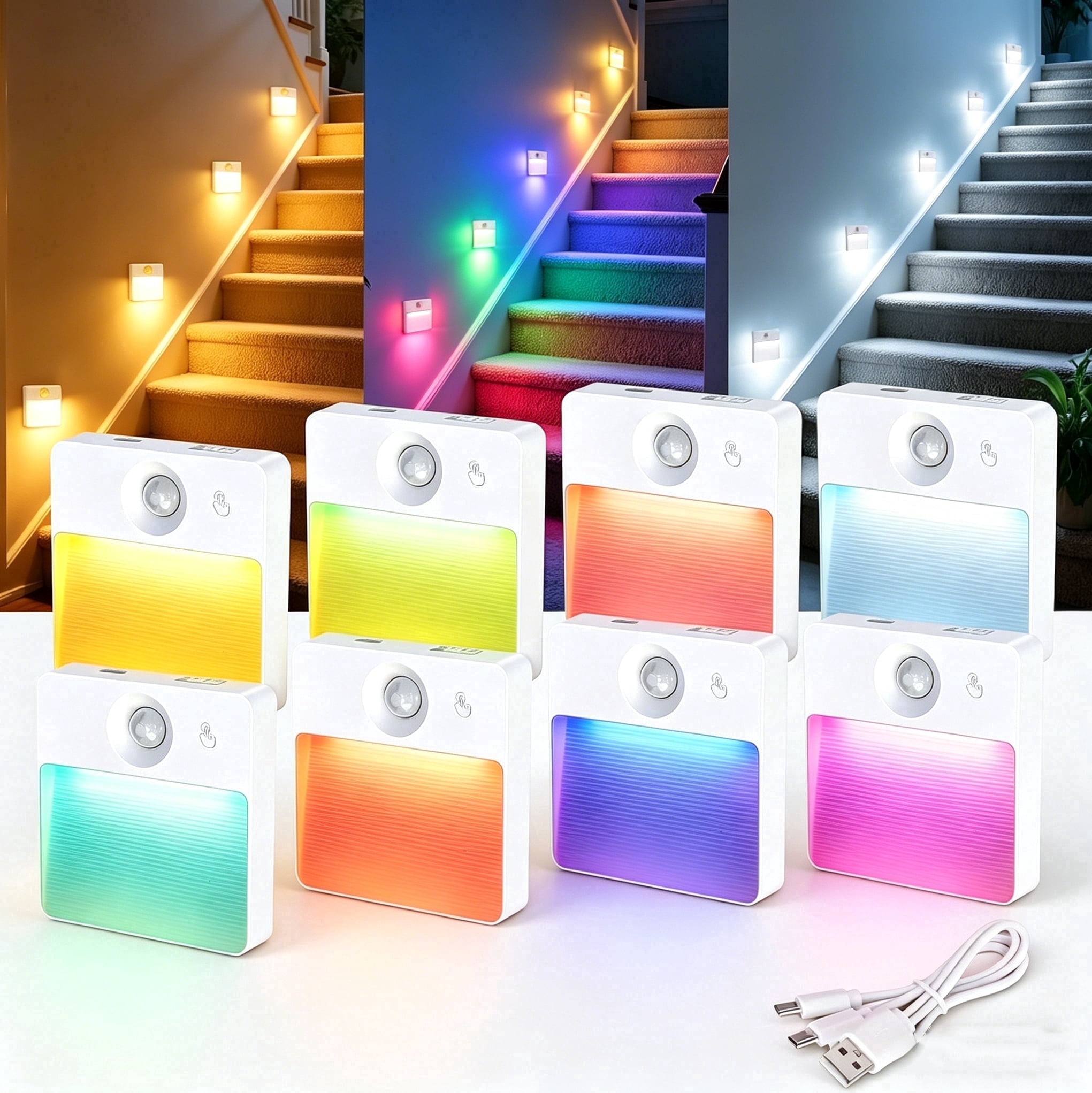 8 Sets RGBW Rechargeable Motion Sensor Stair Lights, Magnetic LED Lighting for Staircase, Closets & Bathrooms