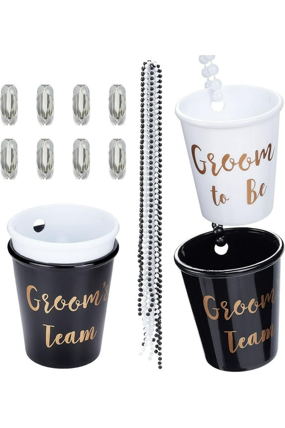 8 Sets Shot Necklace Glass Black and White Groom Team/Groom to Be Shot Glass Necklace with Gold Foil DIY