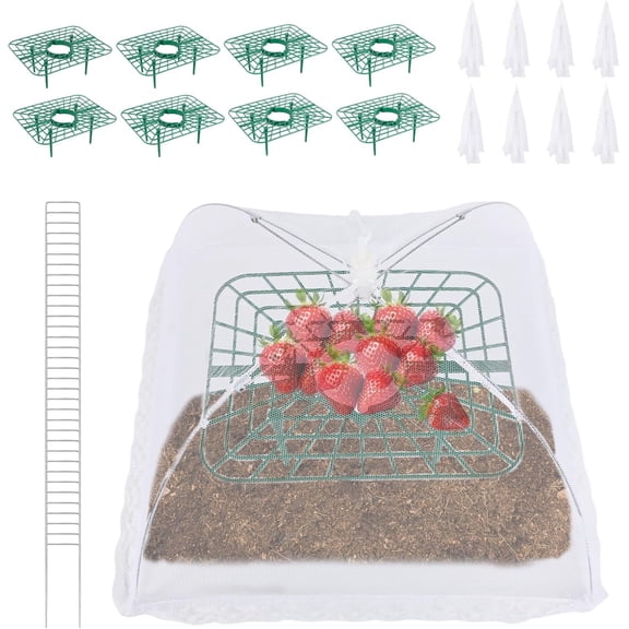 8 Sets Square Strawberry Plant Support, Growing Frame Holder Cage Trellis Protector Stand with Mesh Plant Cover for Garden Vegetables Keep Berries Clean