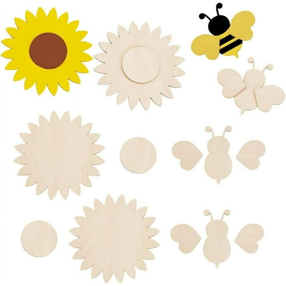 8 Sets Unfinished Wooden Bee and Sunflower Cutouts Sunflowers Shape Wood Cutouts Blank Wood Tags for DIY Painting Spring Summer Birthday Party Decoration DIY