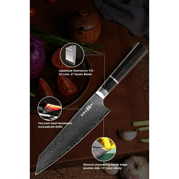 8" Sharp Damascus Kiritsuke Chef Knife, Kegani Ebony FullTang HandleJapanese 67 Layers VG-10 Knife, Japanese Knife Sushi Knife Gyuto Knife