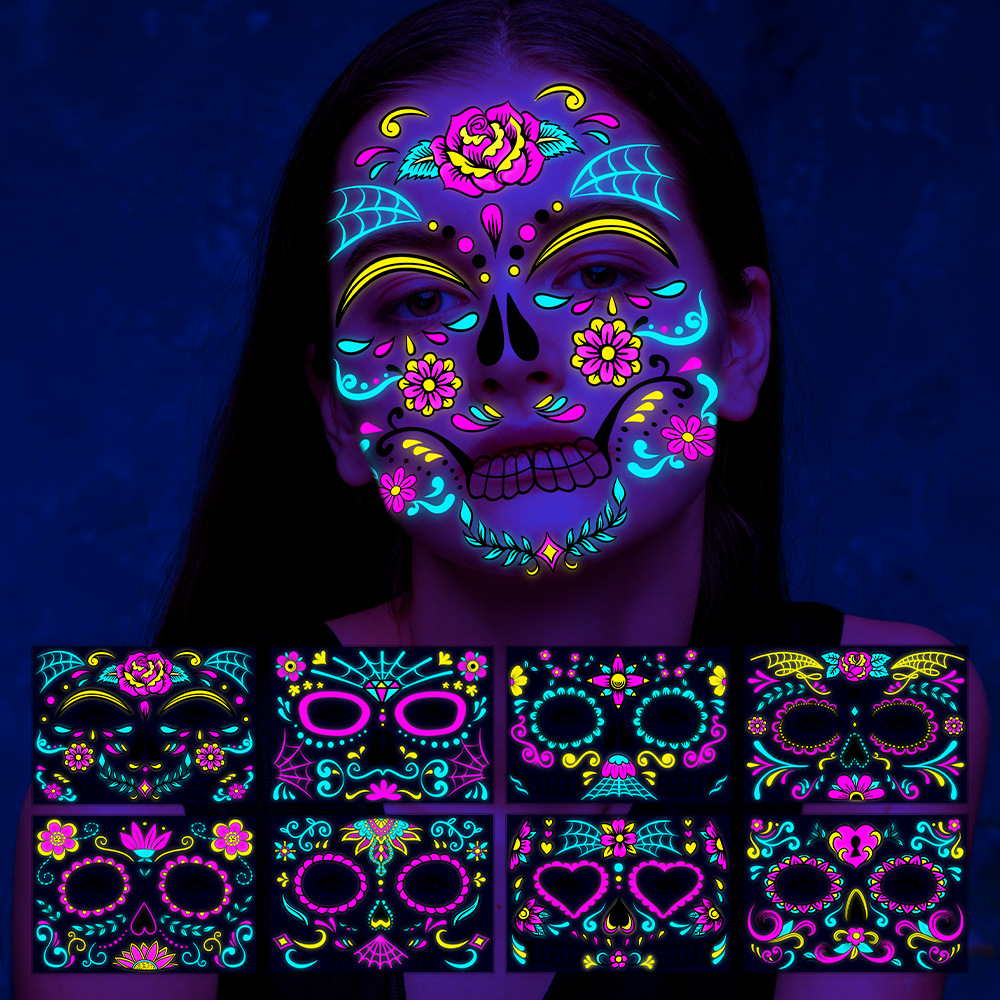 8 Sheet Glow in The Dark Temporary Tattoos,Temporary Sugar Skull Face