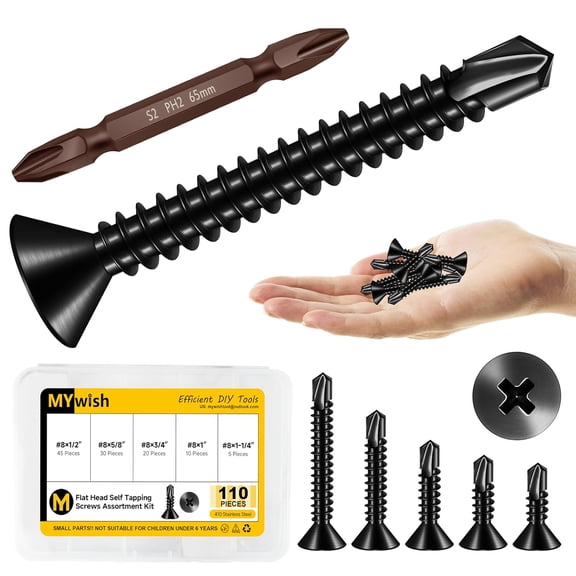 #8 Sheet Metal Self Tapping Screws Assorted Kit, 410 Stainless Steel Black Oxide, 110Pcs 1/2" to 1-1/4" Flat Head Truss Quick Tapping Self-Drilling Screws by