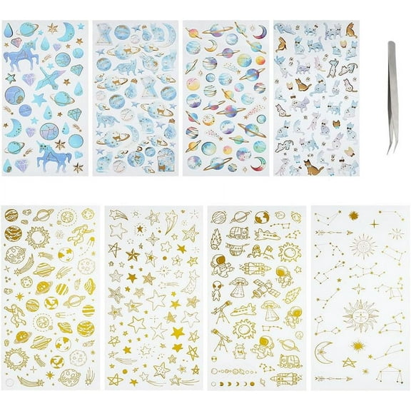 8 Sheets 3D Star Moon Stickers - Colorful Planet Star Cat Decals - Self-Adhesive Resin Stickers for Calendar Scrapbook Journal Planner Phone Decor colorful