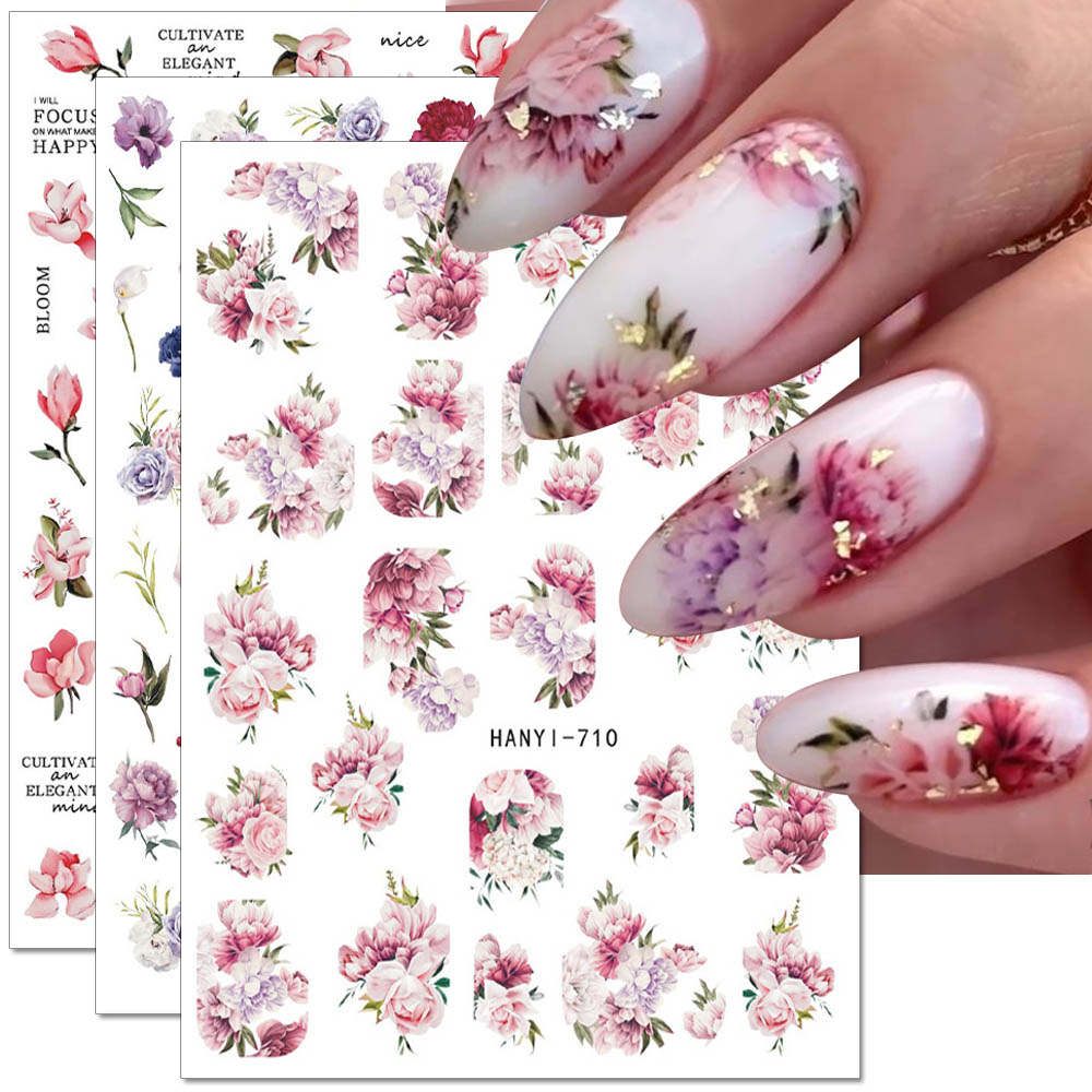 8 Sheets 3D Flowers And Plants Nail Stickers Spring Flowers Nail Art 