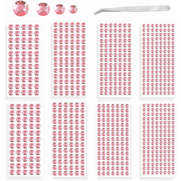 8 Sheets 4 Sizes Round Rhinestone Sticker 3/4/5/6mm Pink Self Adhesive Acrylic Diamond Face Gems Jewel for Nail Hair Makeup DIY Crafts Festival Decal Decor Photo Frames(Tweezers*1)