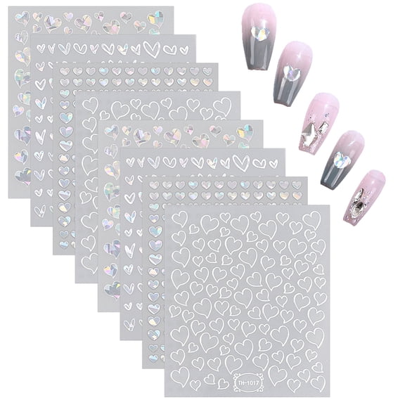 8 Sheets 4 Styles Laser Heart Pattern Nail Art Sticker Self-Adhesive Nail Art Decals for Women Nail Decoration Mixed Color 10x8.5x0.03cm